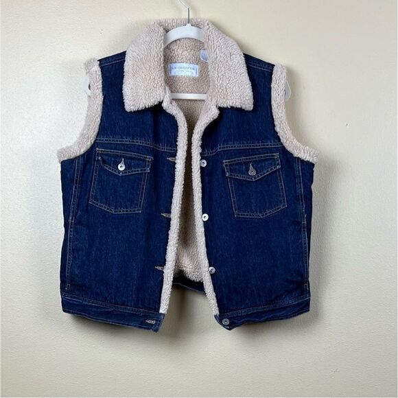 Vintage Liz Claiborne Jeans Denim Vest Sherpa Dark Blue Cream Cottton Size L - Picture 2 of 8